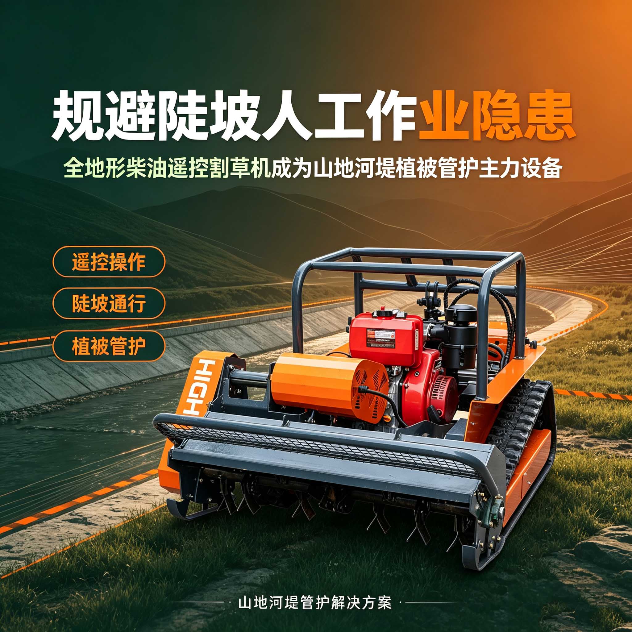 规避陡坡人工作业隐患，全地形柴油遥控割草机成为山地河堤植被管护主力设备